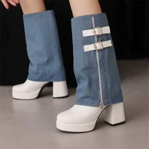 New Womens Cuffed Buckle Strap Platform Cloth High Block Heels Knee High Boots - Picture 1 of 15