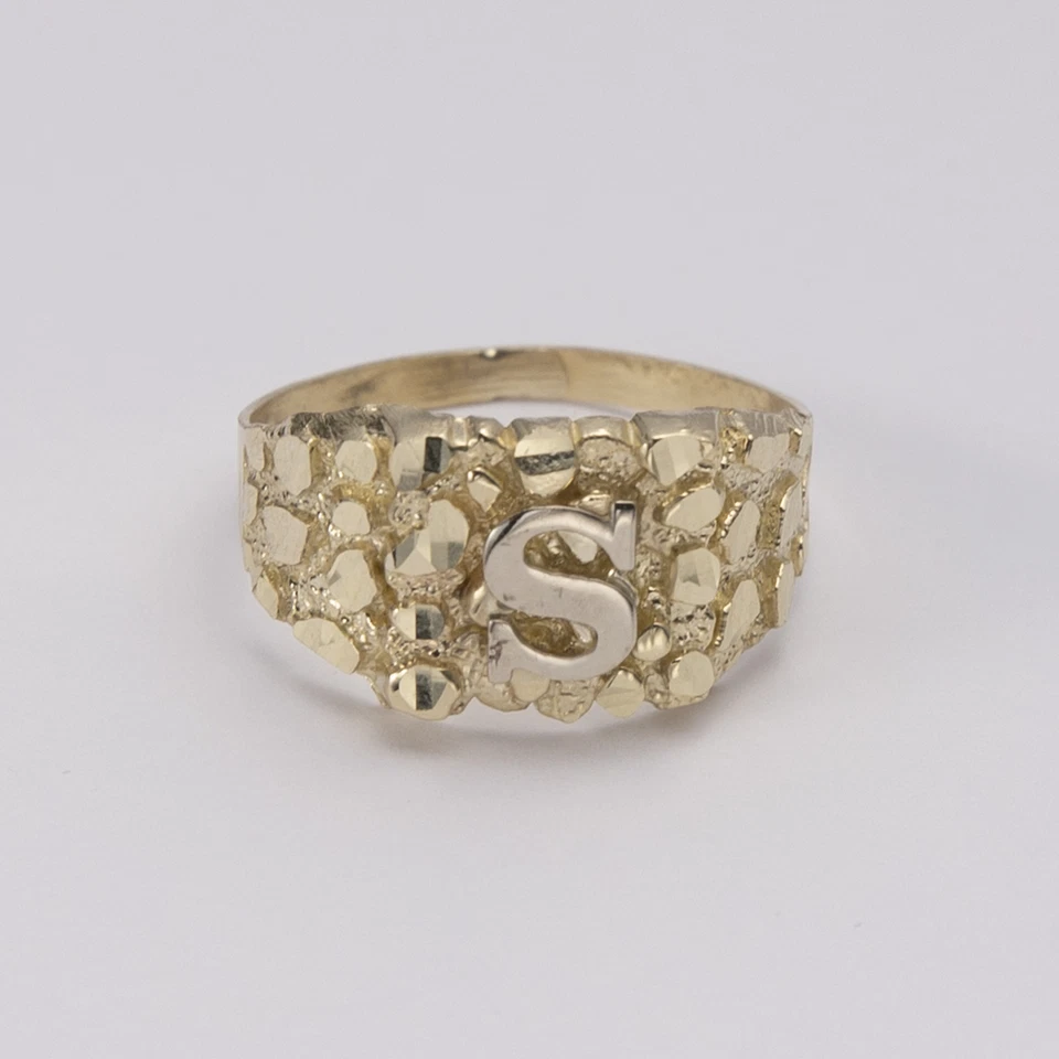 SOLID 10K Yellow White Gold Medium Nugget Design Initial Letter Ring All Sizes - Image 1 of 4