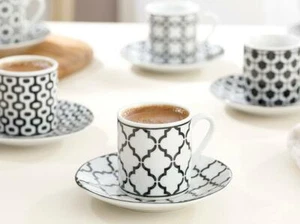 Porcelain Tea Coffee Cup Saucer Set of 6, Turkish Greek Arabic Espresso Cup Set - Picture 1 of 2