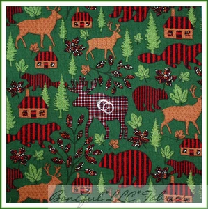BonEful Fabric FQ Cotton Flannel Green Tree Xmas Animal Cabin Bear Deer Moose US - Picture 1 of 12