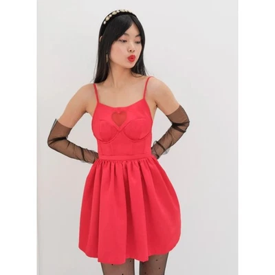 NWT For Love & Lemons Red Lauren Heart Mesh Flare Mini Dress Size Large  - Image 1 of 4