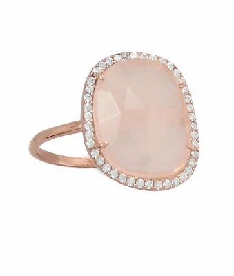 Rose Quartz Ring 14k Pink Gold-plated Silver with Cubic Zirconia Halo - Image 1 of 2