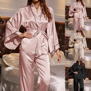 Womens Silky Satin Pyjama Set Lounge Wear Pajamas Kimono PJS Sleepwear Nightwear - Picture 1 of 14