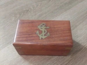 Wood Brass Anchor Inlay Nautical Maritime Wooden Jewellery Trinket Blue Lined - Picture 1 of 6