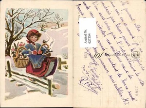 627354,Künstler Ak Mädchen Korb Katze Hase Hund Vögel Winterlandschaft - Bild 1 von 1