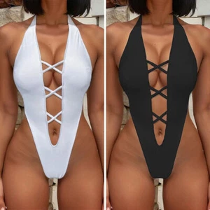 Hot Sexy V-Neck One Piece Swimsuit High Cut Out Monokini Thong Bathing Suits - Picture 1 of 26