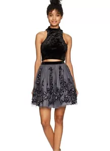 Blondie Nites Junior's, Black/Grey with purple glitter flowers short, hoco sz 1 - Picture 1 of 4