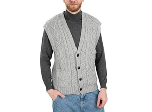 SAOL Ireland Men's Large 100% Wool Chunky Cable Knit Sweater Grandpa Vest Gray - Picture 1 of 5