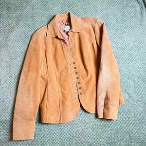 Vintage peach colored real suede retro Y2K Snap button jacket womens S/M - Picture 1 of 8
