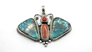 925 Sterling Silver Turquoise & Red Coral USA Butterfly Pendant Sleeping beauty - Picture 1 of 7