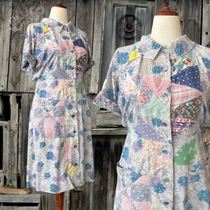 Vintage 30er 40er Handarbeit Quilt Patchwork Futtersack Landhausarbeit Kleid Gr. L - Bild 1 von 12