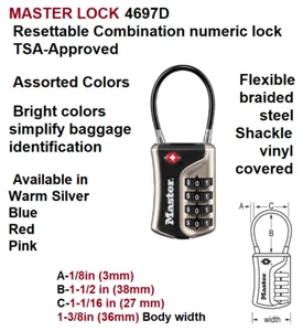 Mastr Lock Resettable Combination Luggage Padlock Flexible Shackle TSA-Approved - Picture 1 of 8