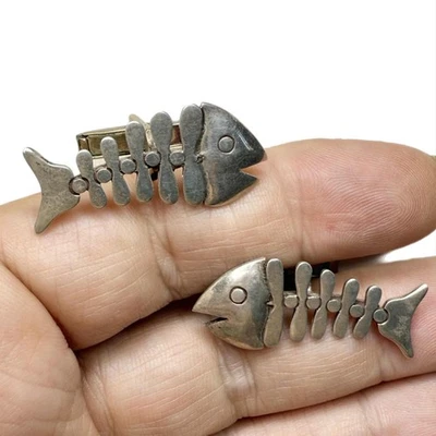 Gemelos de hueso de pez de plata esterlina de mediados de siglo LUX, Taxco, México Foto 1 de 4