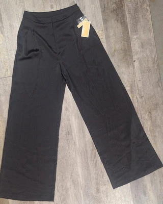 Pantalones de vestir Michael Kors para mujer talla 2 negros satinados tiro alto pierna ancha, con etiquetas Foto 1 de 4
