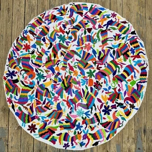 Vintage Otomi Tenango Hand Made Tapestry Or Table Cloth 70 Inches -Very Colorful - Picture 1 of 24