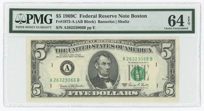 FR #1972-A $5 1969C Federal Reserve Note Boston Choice Unc 64 EPQ PMG - Image 1 of 3