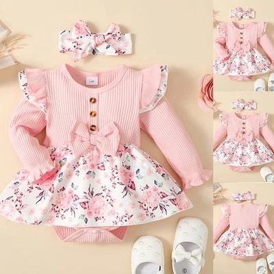 Newborn Baby Girls Floral Ribbed Romper Bodysuit Dress Outfit Ruffle Clothes Set - Image 1 of 4