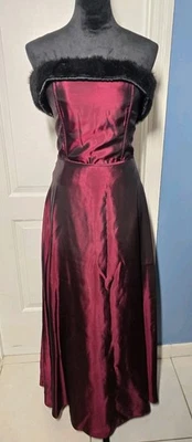 Vtg Y2K Scott McClintock 2pc Satin Dress Burgundy 8-6 Corset Removable Fur Trim - Image 1 of 4