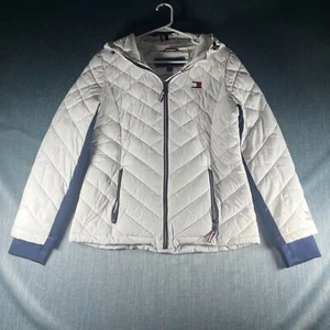 Tommy Hilfiger Puffer Jacket Womens Size M White Quilted Hooded Long Sleeve - Picture 1 of 11