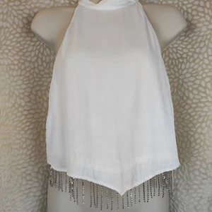 Zara Womens White Halter Neck Style Crop Top Diamonte Fringe Size Medium - Picture 1 of 12