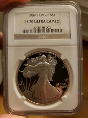 1989 S 1oz .999 FINE SILVER AMERICAN EAGLE DOLLAR S$1 NGC PF 70 ULTRA CAMEO - Image 1 of 4