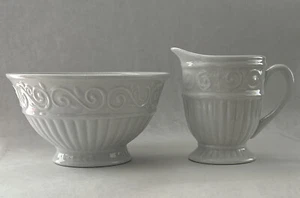 VTG Gibson Everyday Claremont White Embossed Scroll Footed Creamer & Bowl Lot-2 - Picture 1 of 18