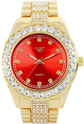 Reloj Hombre Helado Dorado ROJO Bling Rapero Simular Diamante Cristal Piedra Cadera Lujo  Foto 1 de 4