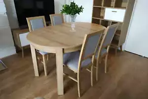 Set 4 chairs & small round table in oak riviera extending to 195cm, high quality - Picture 1 of 9