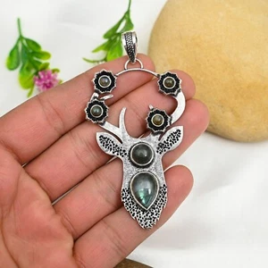 Natural Labradorite Gemstone Pendant 925 Sterling Silver Handmade Jewelry Gift - Picture 1 of 5