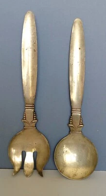 Vintage SILVER ON COPPER SALAD SERVING FORK & SPOON 12.5" Marked Original A.L. - Image 1 of 4
