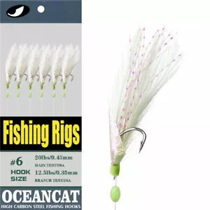 6 Hooks/set Sabikis White Feather Fish Skin String Hook Fishing Lure Rigs Tackle - Picture 1 of 6