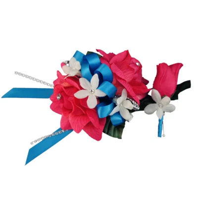 Muñeca ramillete boutonniere conjunto rosa caliente flor artificial graduación boda regreso a casa Foto 1 de 2