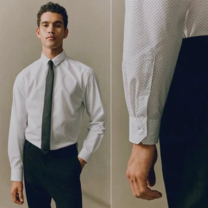 H&M Mens Slim Fit Easy-iron Dress Shirt Size S White Black Dotted - Picture 1 of 12