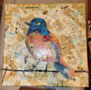 Mixed Media bird paper decopage collage 12x12 - Picture 1 of 4