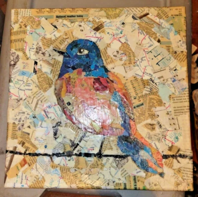 Mixed Media bird paper decopage collage 12x12 - Image 1 of 4