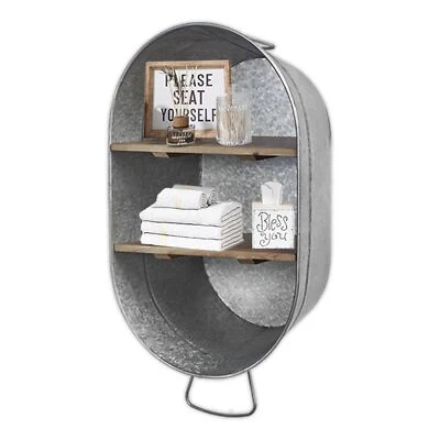SOFE Galvanized Metal Wash Tub with Shelf, Small Oval Wall Shelf Country Bath... - Image 1 of 4