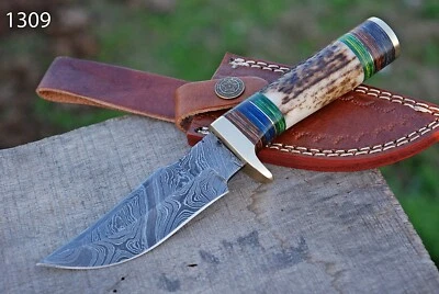 Cuchillo de ciervo de hoja fija desollado de caza de acero Damasco hecho a mano de colección Foto 1 de 4