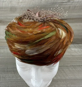 1950er VTG Feder Turban Hut von Mr. Michael Exklusive Satinschleife Mehrfarbig Retro - Bild 1 von 8