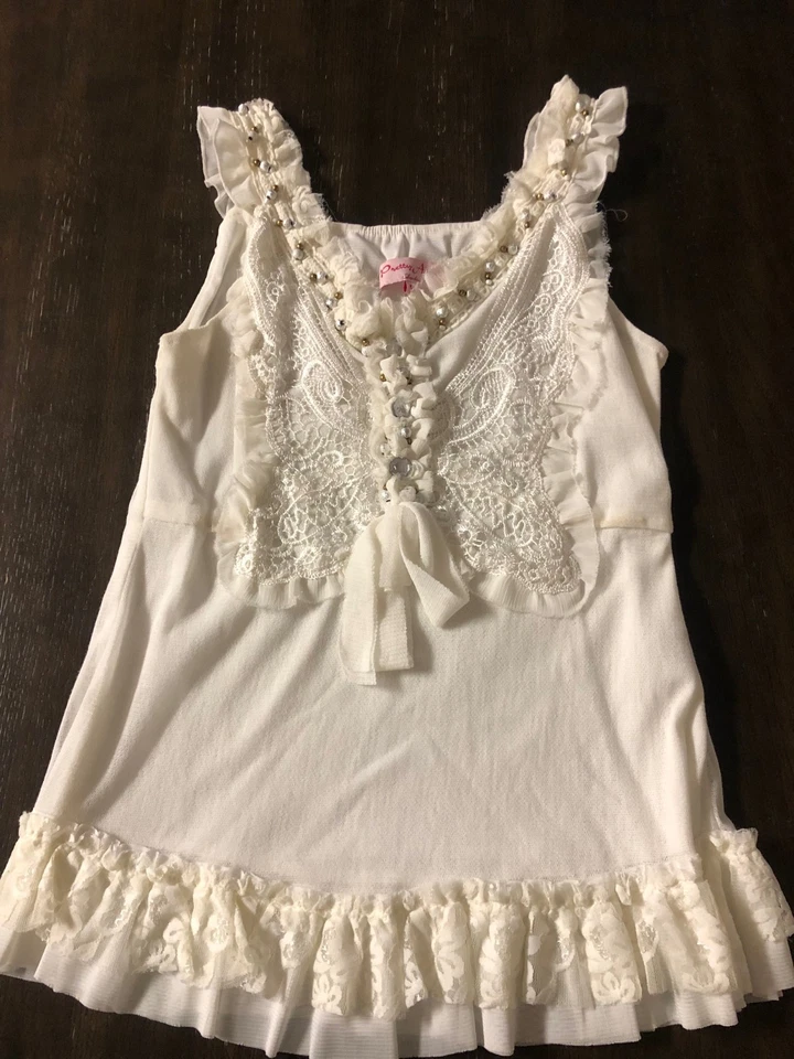 Camiseta sin mangas Pretty Angel Y2K blanca talla M volantes romántica con cuentas Foto 1 de 4