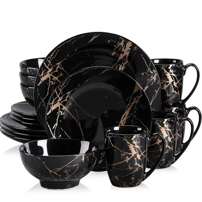 Plates and Bowls Sets for 4, Black Dinnerware Sets 16 Piece Gold Splash Glaze... - Image 1 of 4
