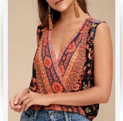 Blusa Top Bohemia Free People Talla Mediana Habana Negra Naranja Estampado Floral Foto 1 de 4