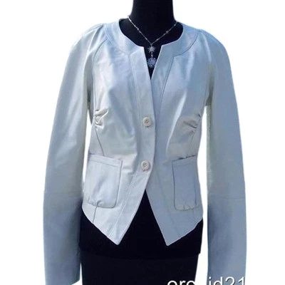 Cache Luxe Pearled Metallic Ivory Lamb Leather Jacket Top Top New $398 NWT - Image 1 of 4