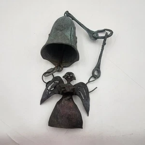 28" Vintage Brutalist Cast Iron Bronze Wind Bell Chime Angel patina - Picture 1 of 22