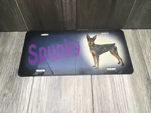 Doberman License Plate Frame SPUNKY Black/Tan Purple Pre-Loved Read Described - Picture 1 of 12