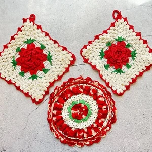 Oma Core handgefertigt Vintage gehäkelt Blume rot Rose Topf Halter Menge 3 - Bild 1 von 13