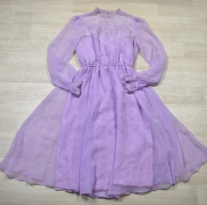 60s Long Sleeve Midi Dress Lilac Lavender Chiffon Embroidered VTG - Picture 1 of 10