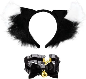 Set of 4 Fox Fur Ears Cat Ears Headband and Bow Bell Necklace Anime Neko Cosplay - Picture 1 of 18