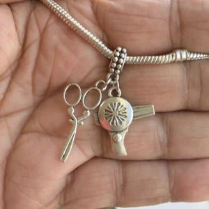 Antique Silver HAIR STYLIST Charms DRYER & SCISSORS Fit Beaded Bracelet. - Picture 1 of 2