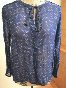 Lucky Brand Damen LS transparent marineblau mit hellbraunem Geo-Print Boho ButtonDown Top Größe L - Bild 1 von 8