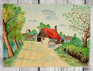 Original Vintage 1930s Danish School Painting Farm Watercolour Scandinavian - Picture 1 of 8